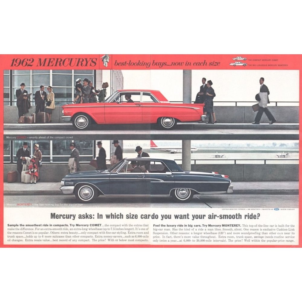1962 Mercury Comet and Monterey 2 Page Print Ad Airport Departures Arrivals 60s